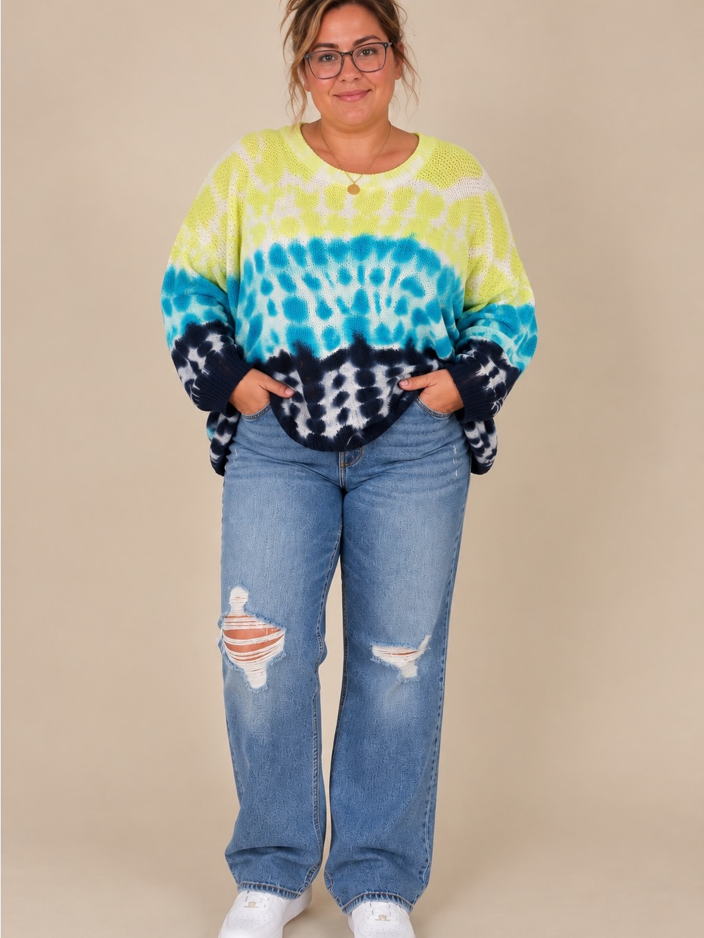 Ruby Rd. Tie-Dye Crewneck Sweater in Yellow, Teal & Navy